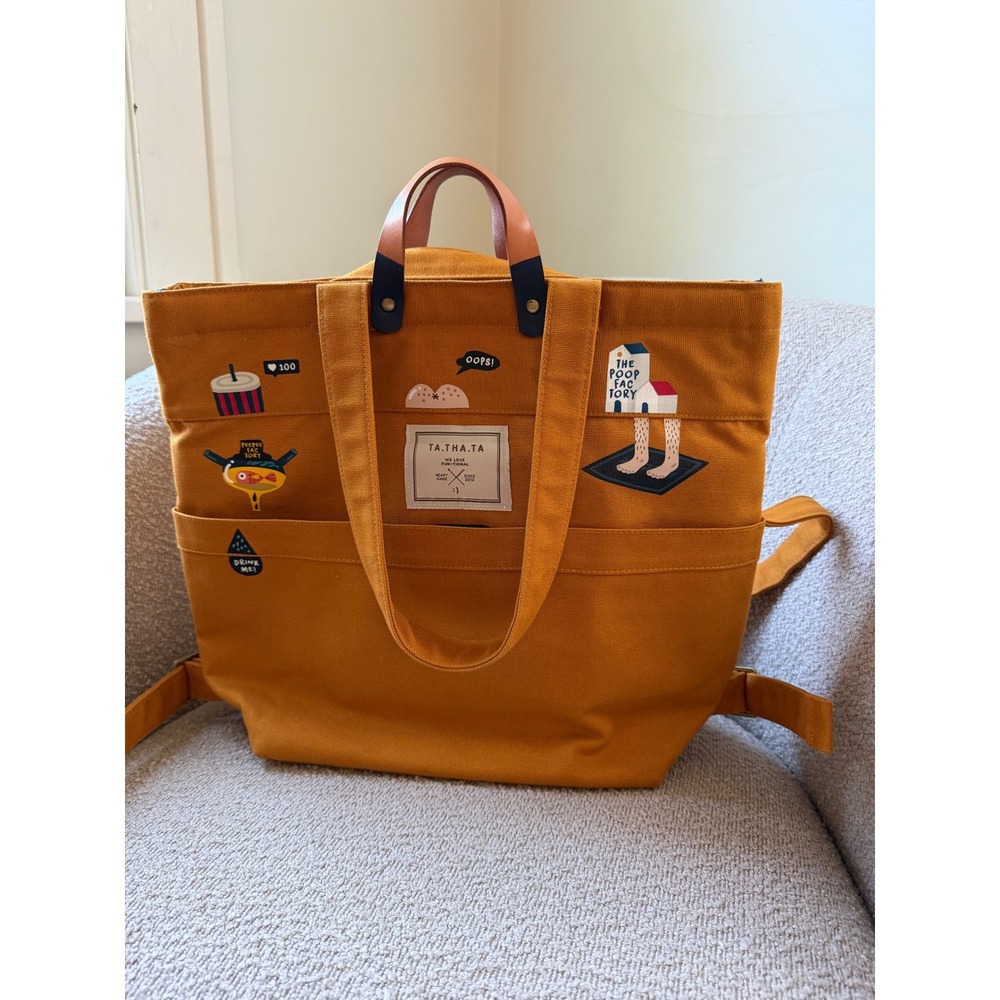 TA.THA.TA Mustard Yellow Canvas Convertible Backpack Tote Bag Poop Factory Patch